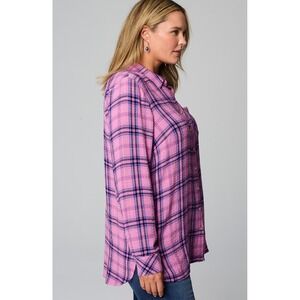 J Jill Purple Plaid Long Sleeve Collared Button Down Tunic Shirt Sz L Top Blouse